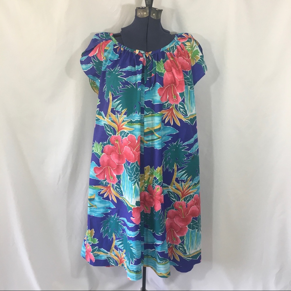 Hilo Hattie Tropical Purple Hawaiian Muumuu with Pink & Teal Floral Print